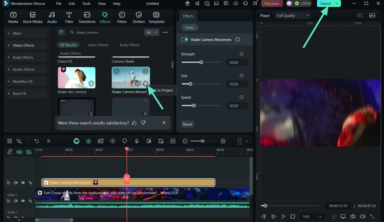 apply camera shake effect preview export