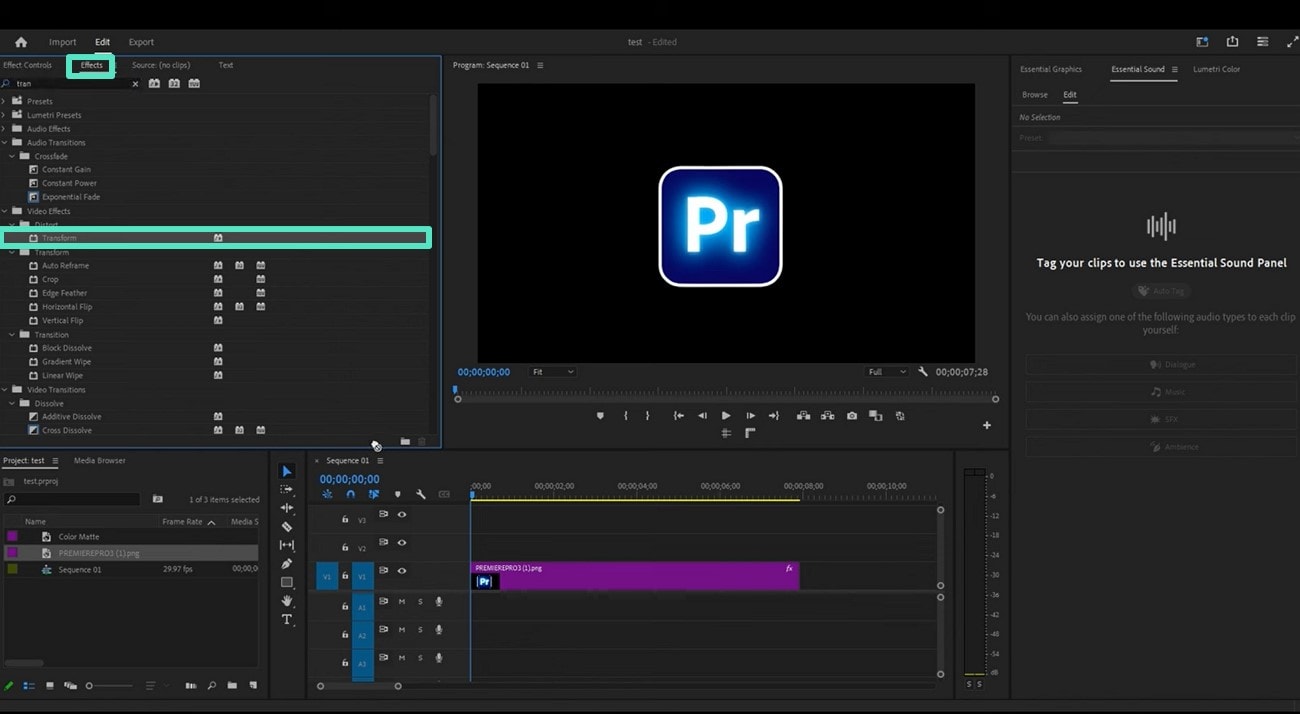 launch premiere pro select transform