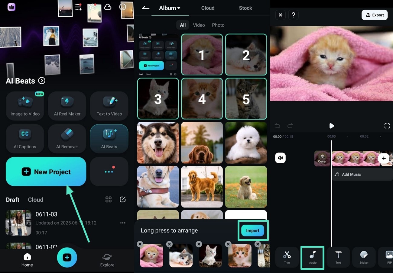 install filmora app and import slideshow