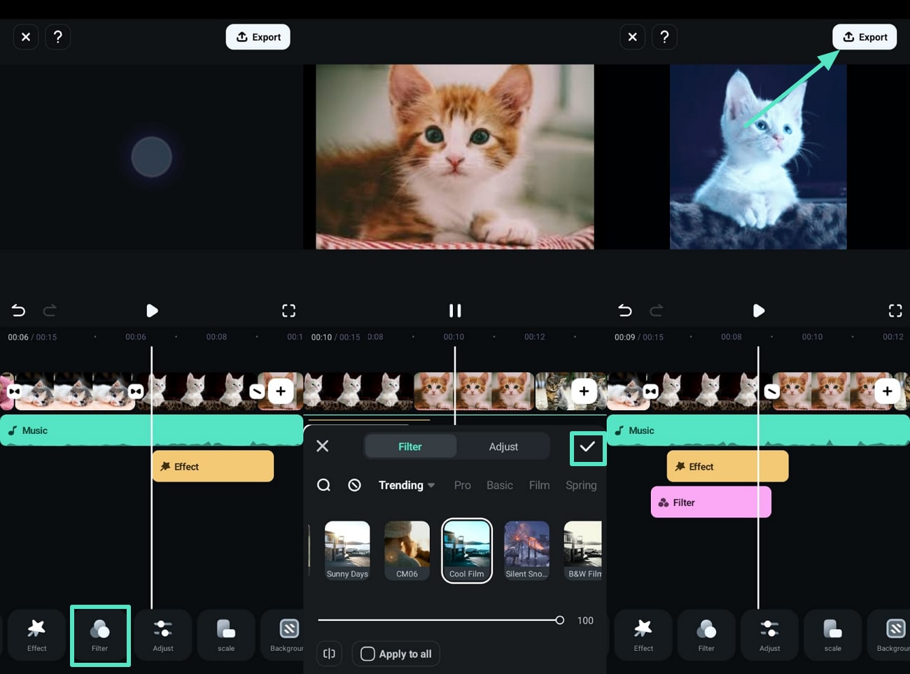 use filter filmora app and export