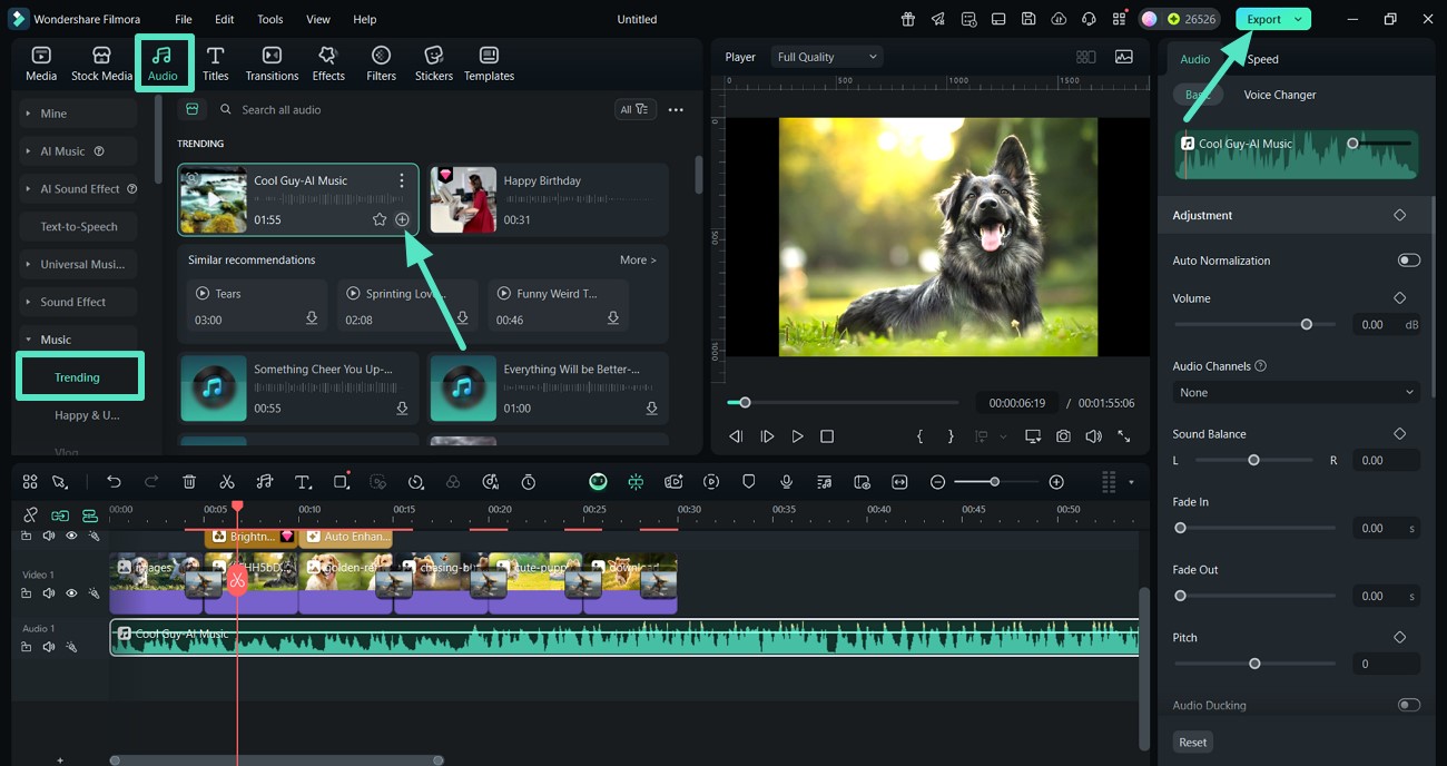 add trending audio and export slideshow