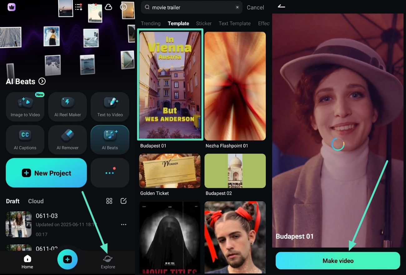 filmora app choose trailer template