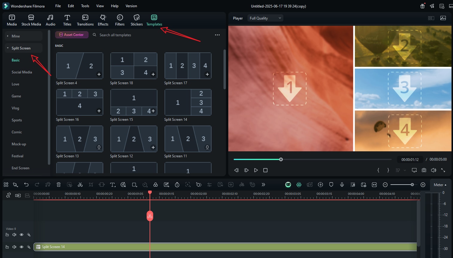 split screen templates in filmora