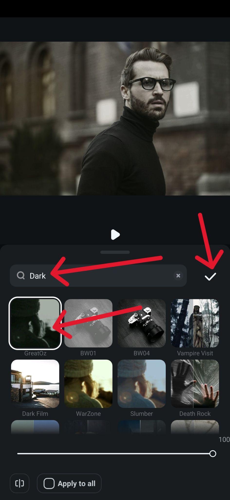 filmora mobile choose dark filter