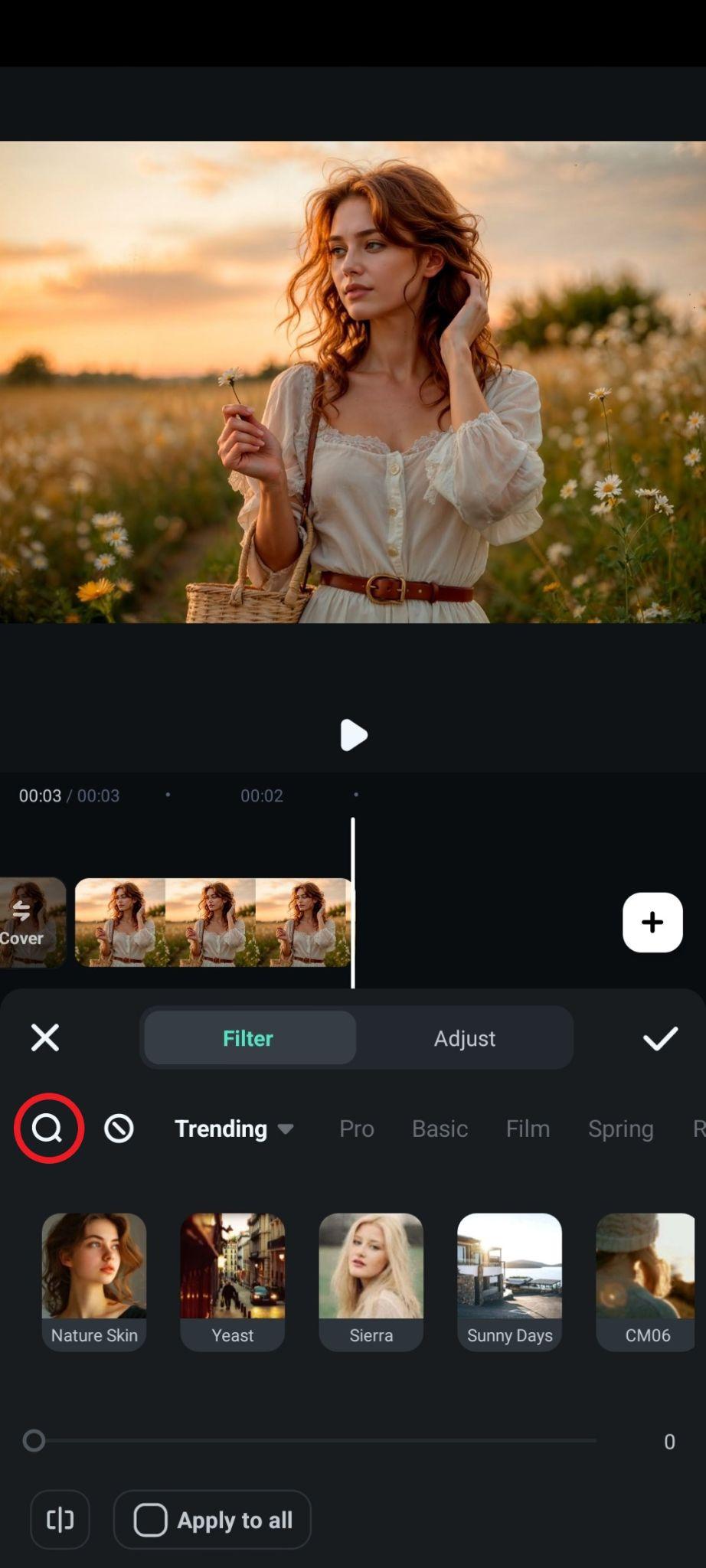 initiate filter search function filmora mobile