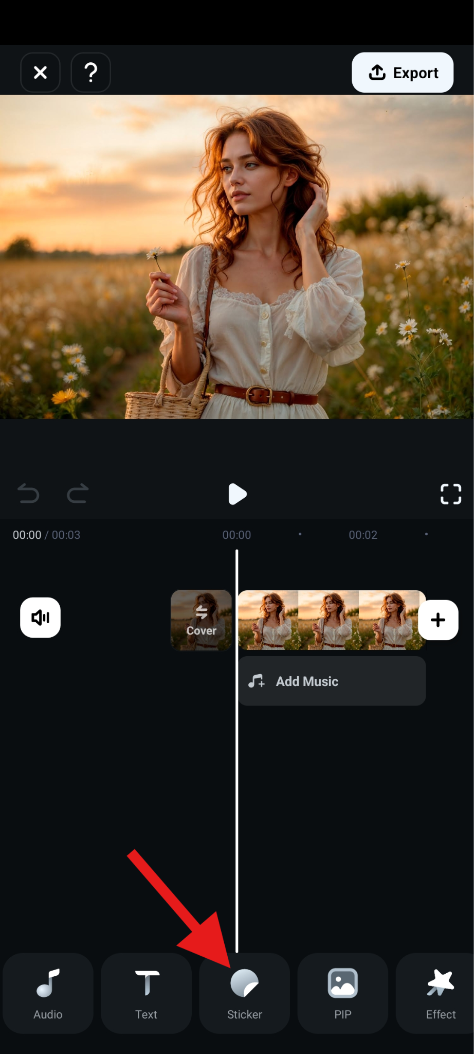 find sticker icon and tap filmora
