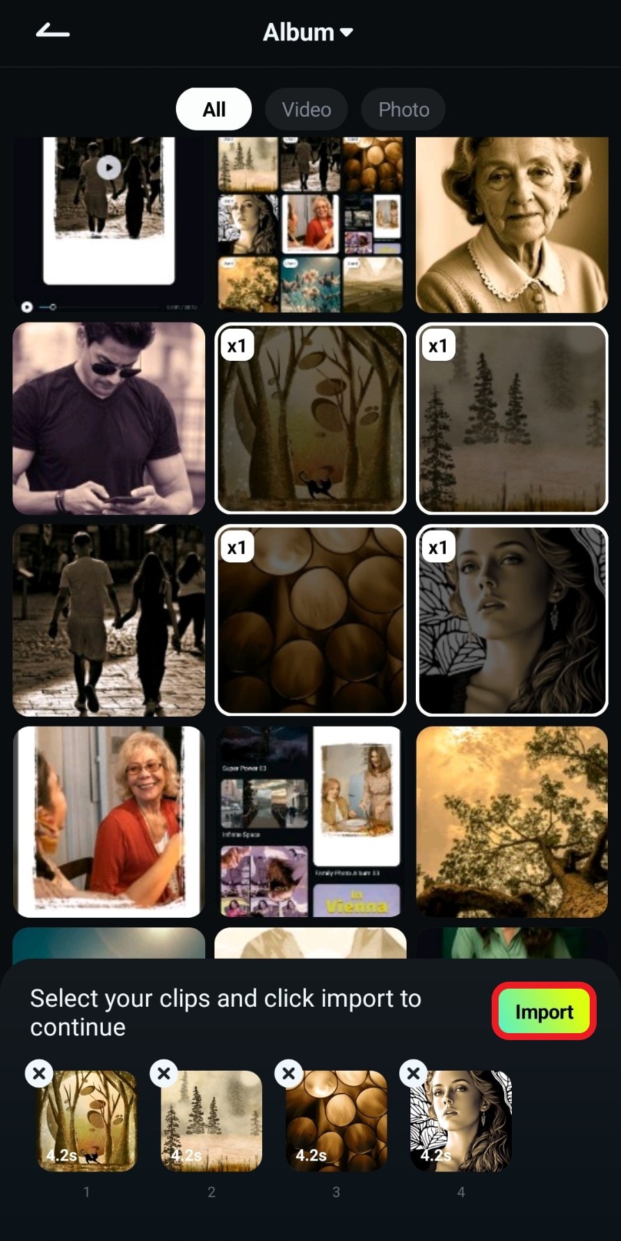 select photos and import to template