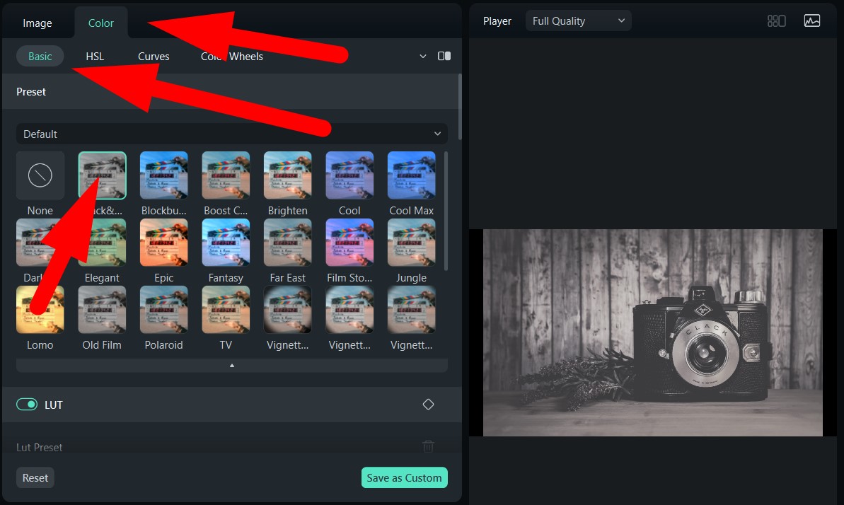 negate filters with color presets filmora
