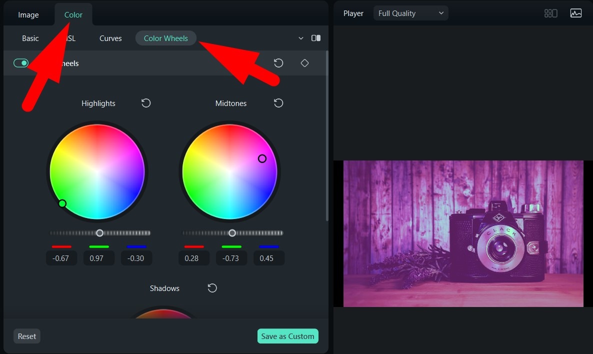 remove filters with color wheels filmora