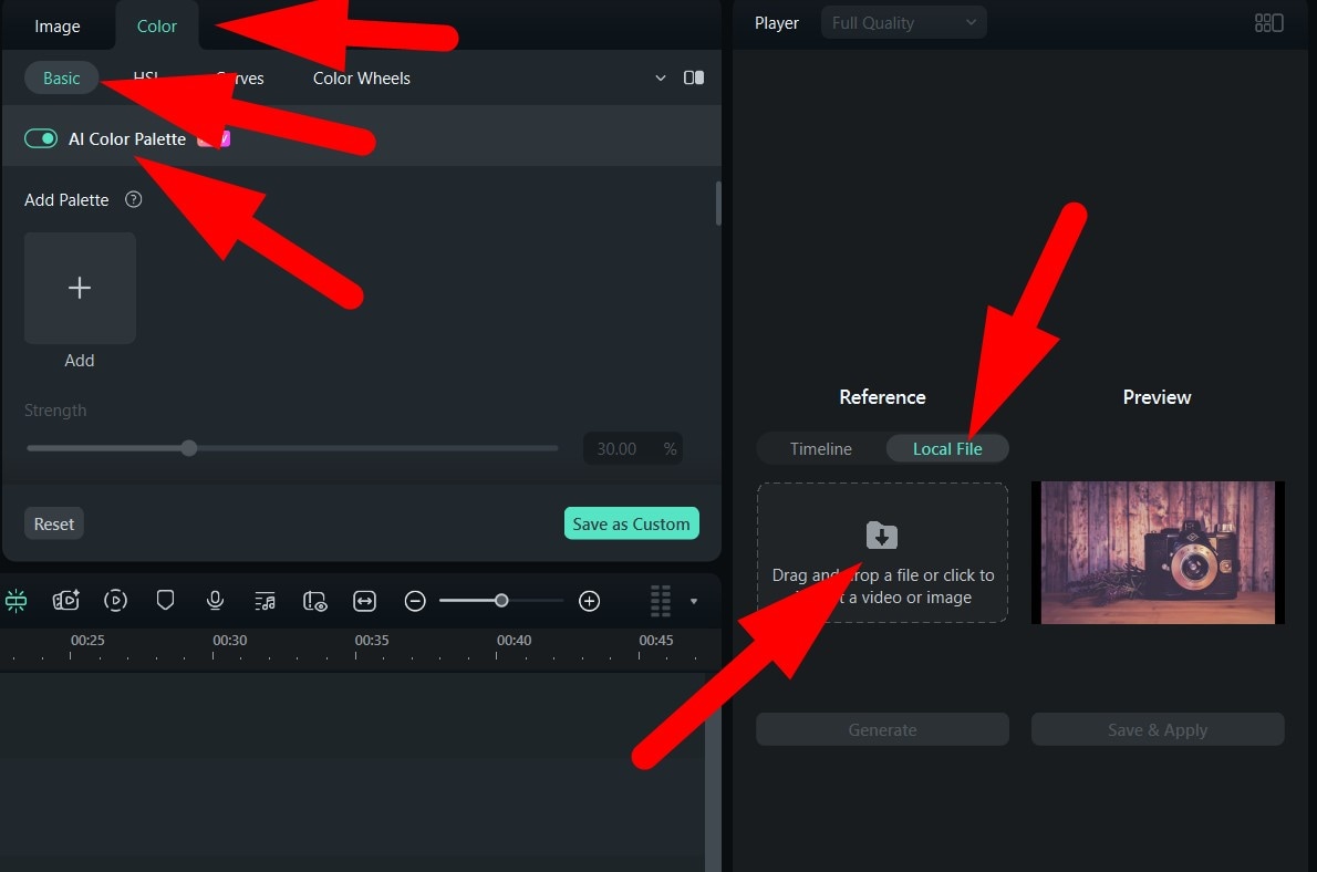 activate ai color palette feature filmora