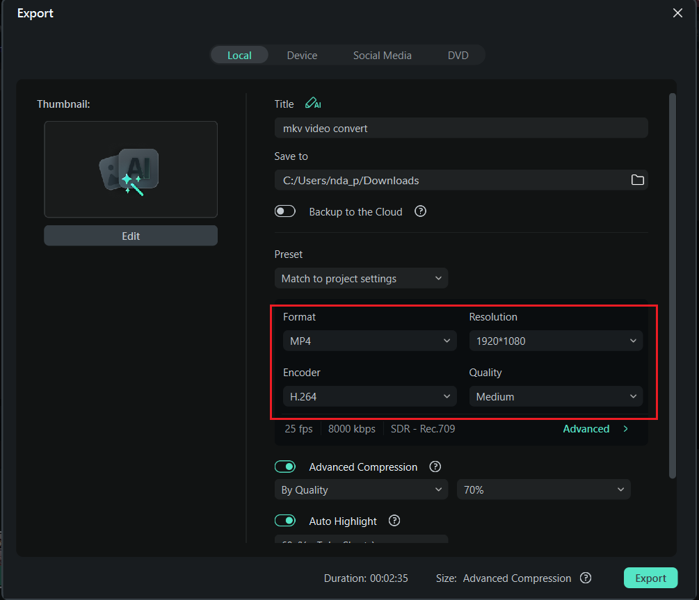 settings the export format