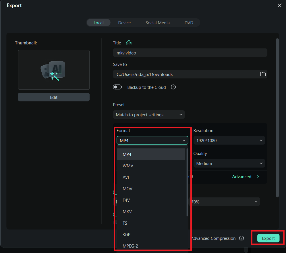 choose format and export