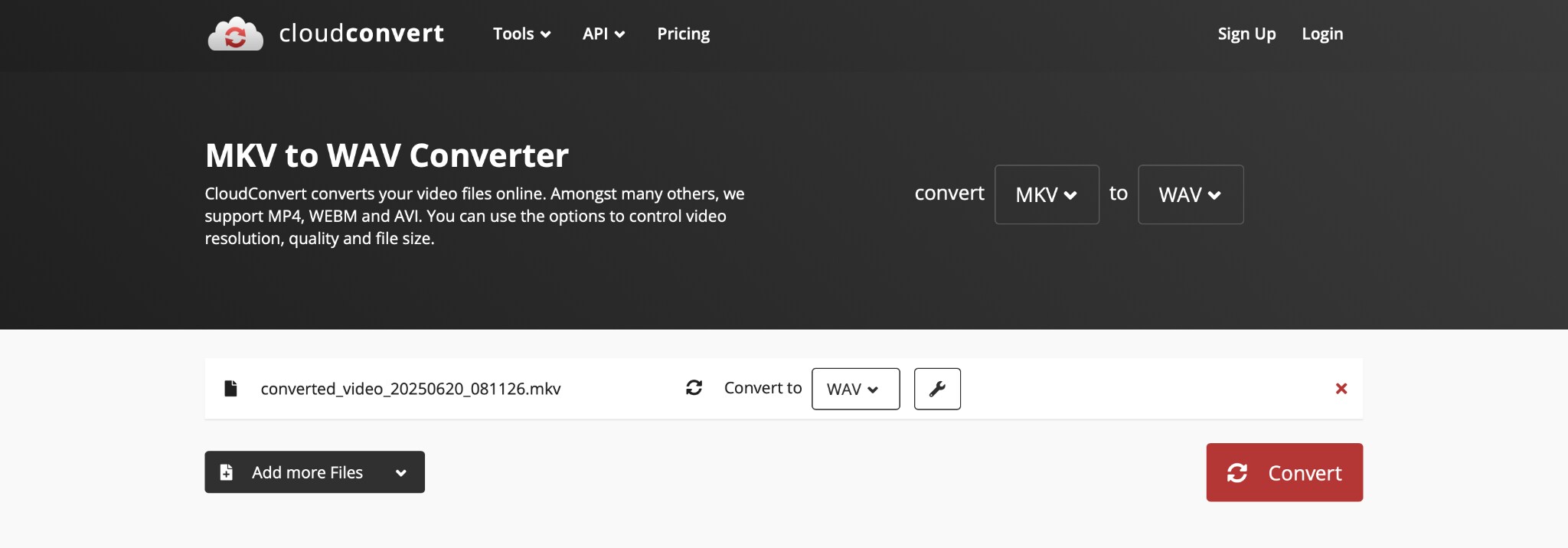 cloudconvert upload mkv to wav