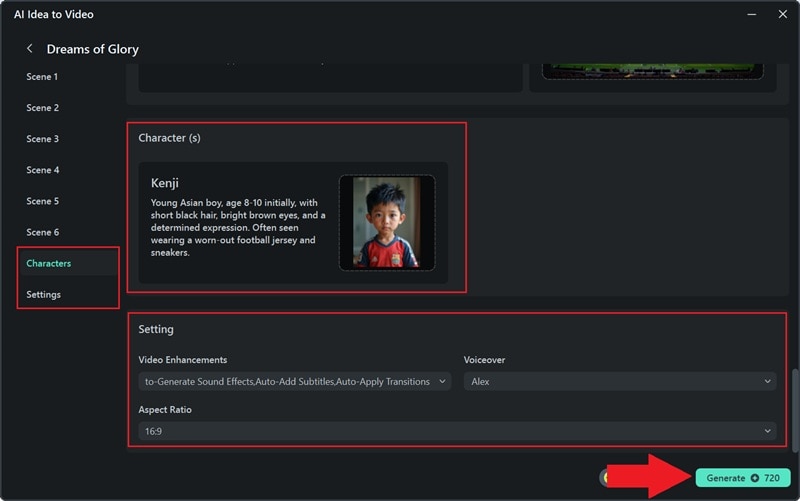 modify settings character and generate video