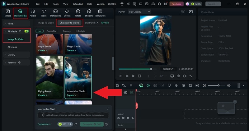 select interstellar clash template from filmora