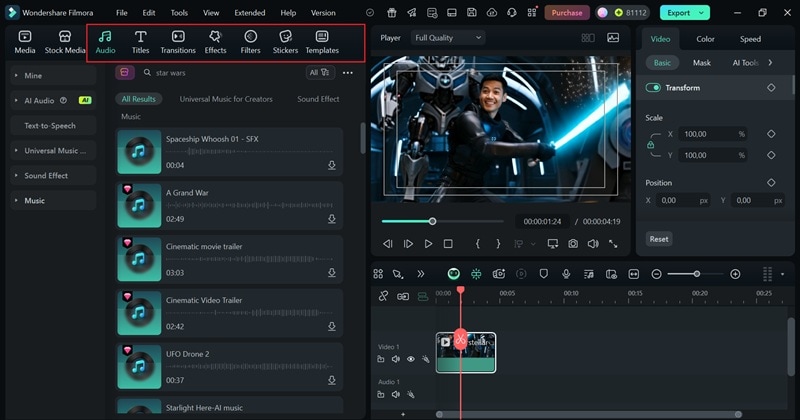 browse through filmora features and library