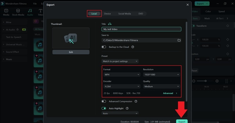 export and share your jedi video