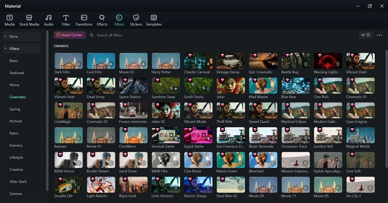 cinematic filters collection in filmora library