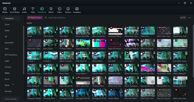 glitch transitions collection in filmora library