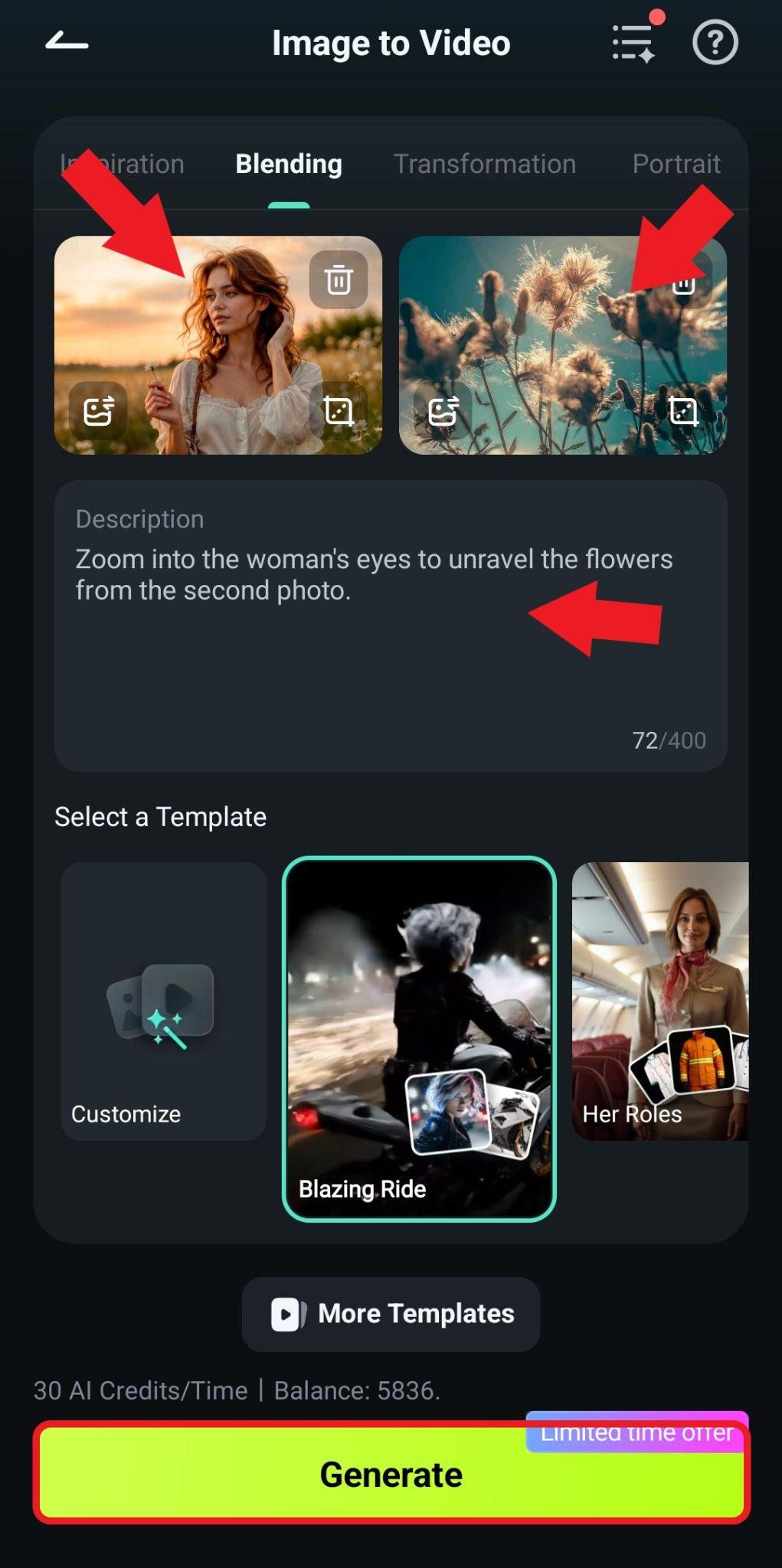 generate image to video blend feature filmora