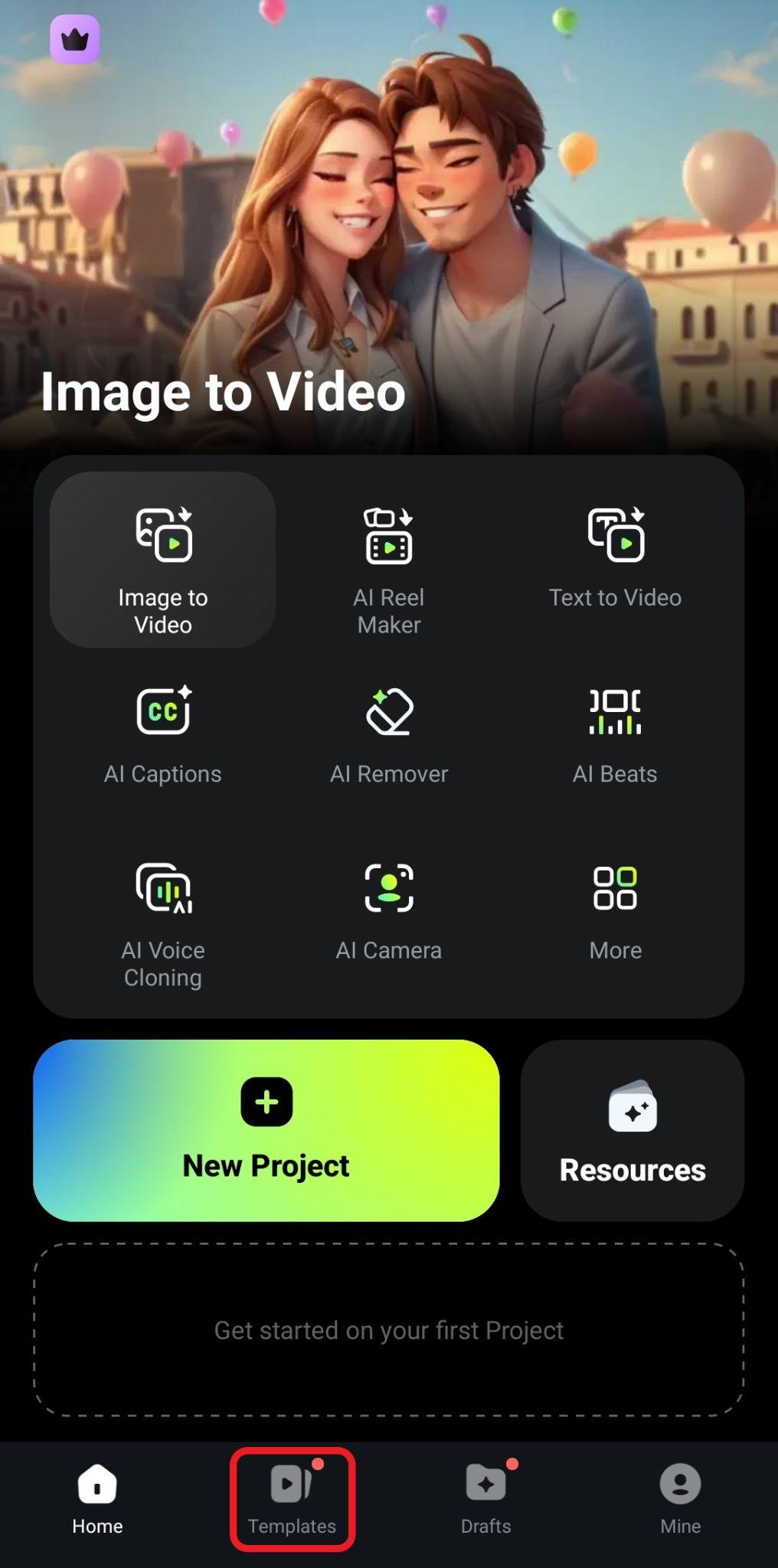 access templates from filmora home screen