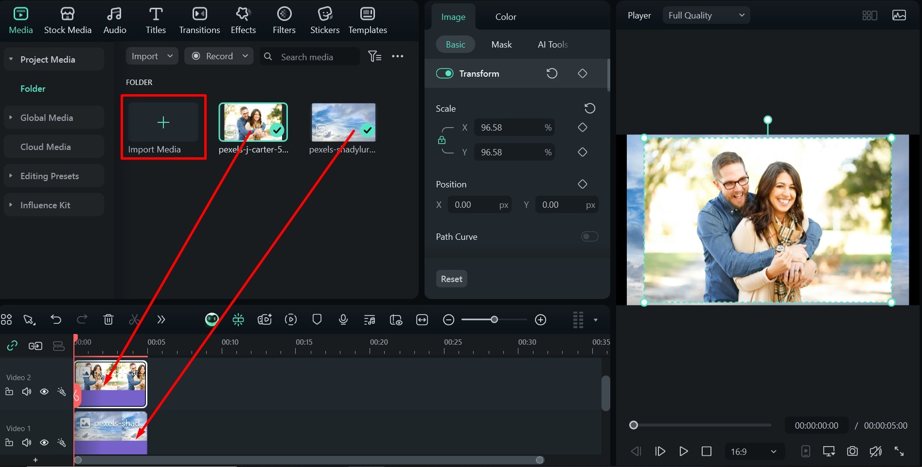 filmora add images to timeline