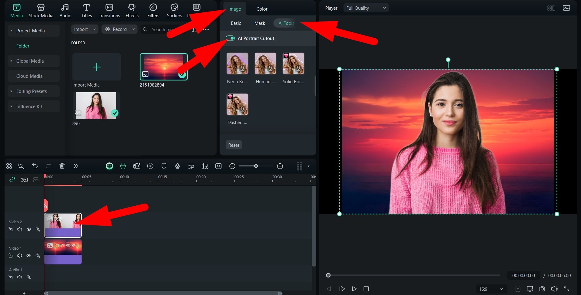 use ai portrait cutout feature filmora
