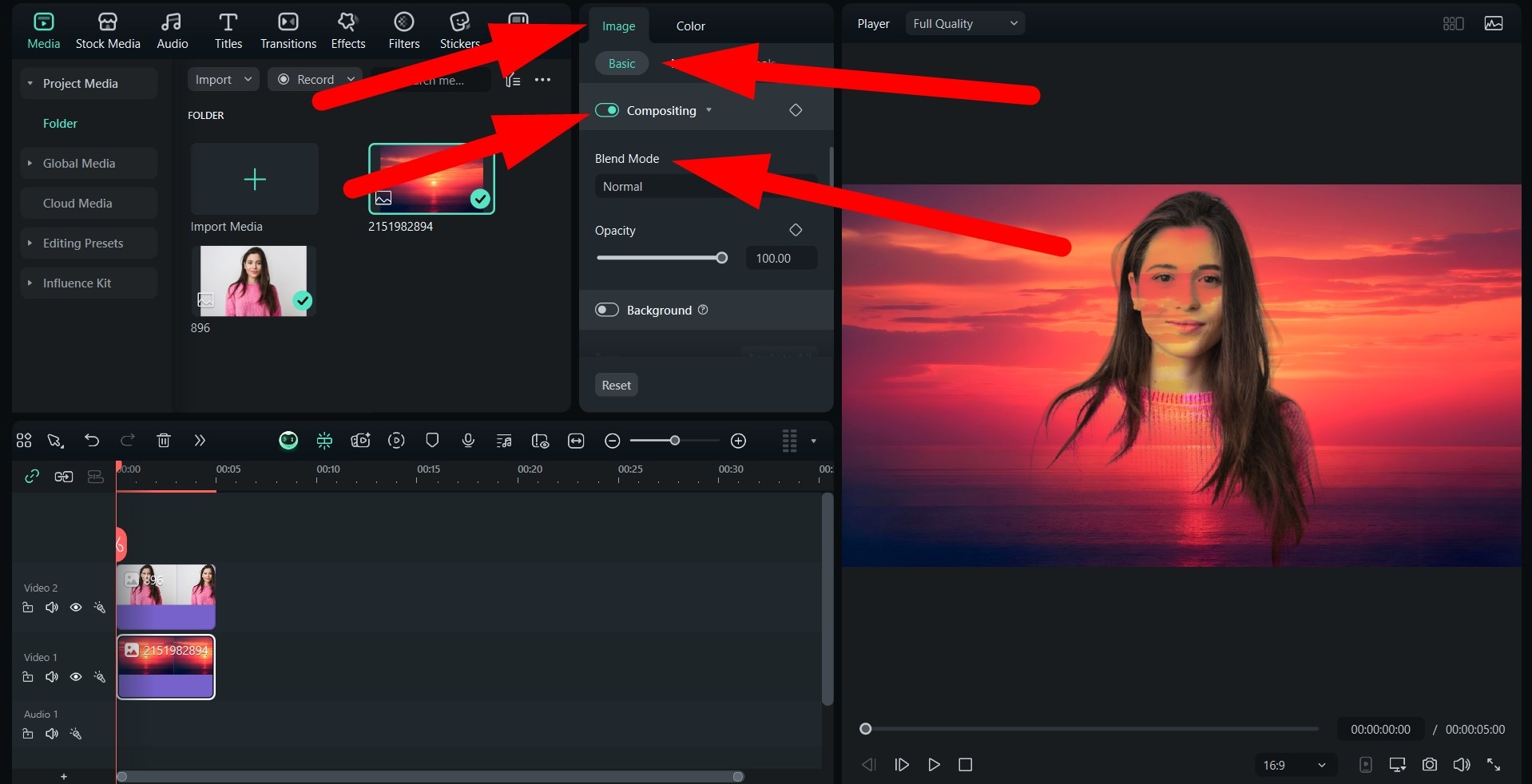 use compositing blend mode feature filmora