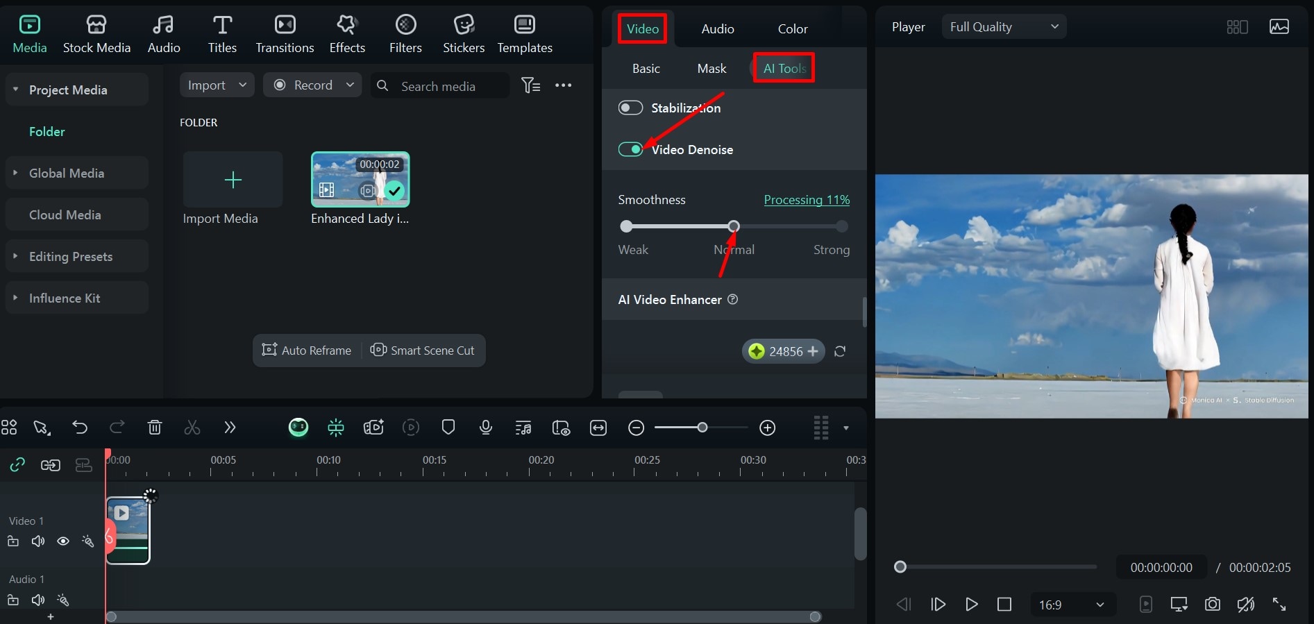 filmora ai video denoise feature