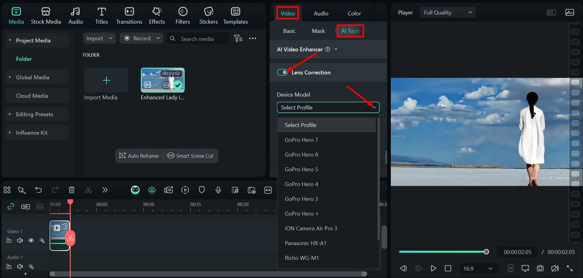 filmora ai lens correction
