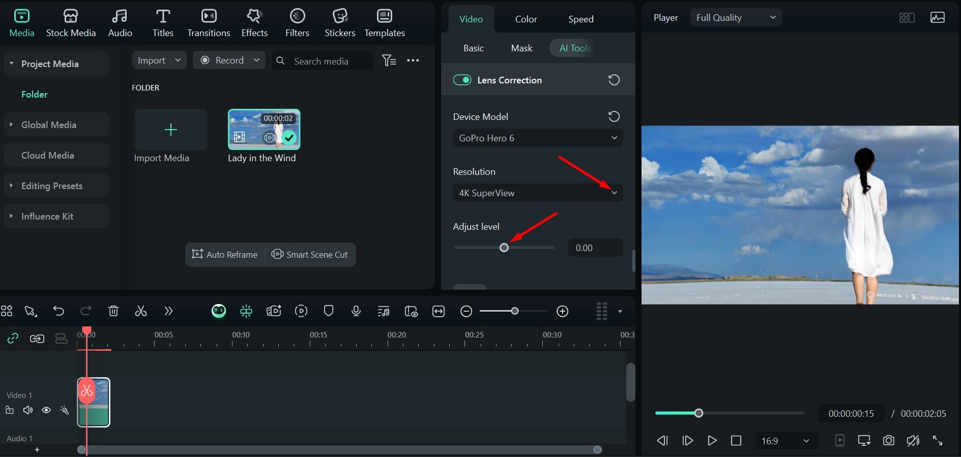 filmora ai lens correction options