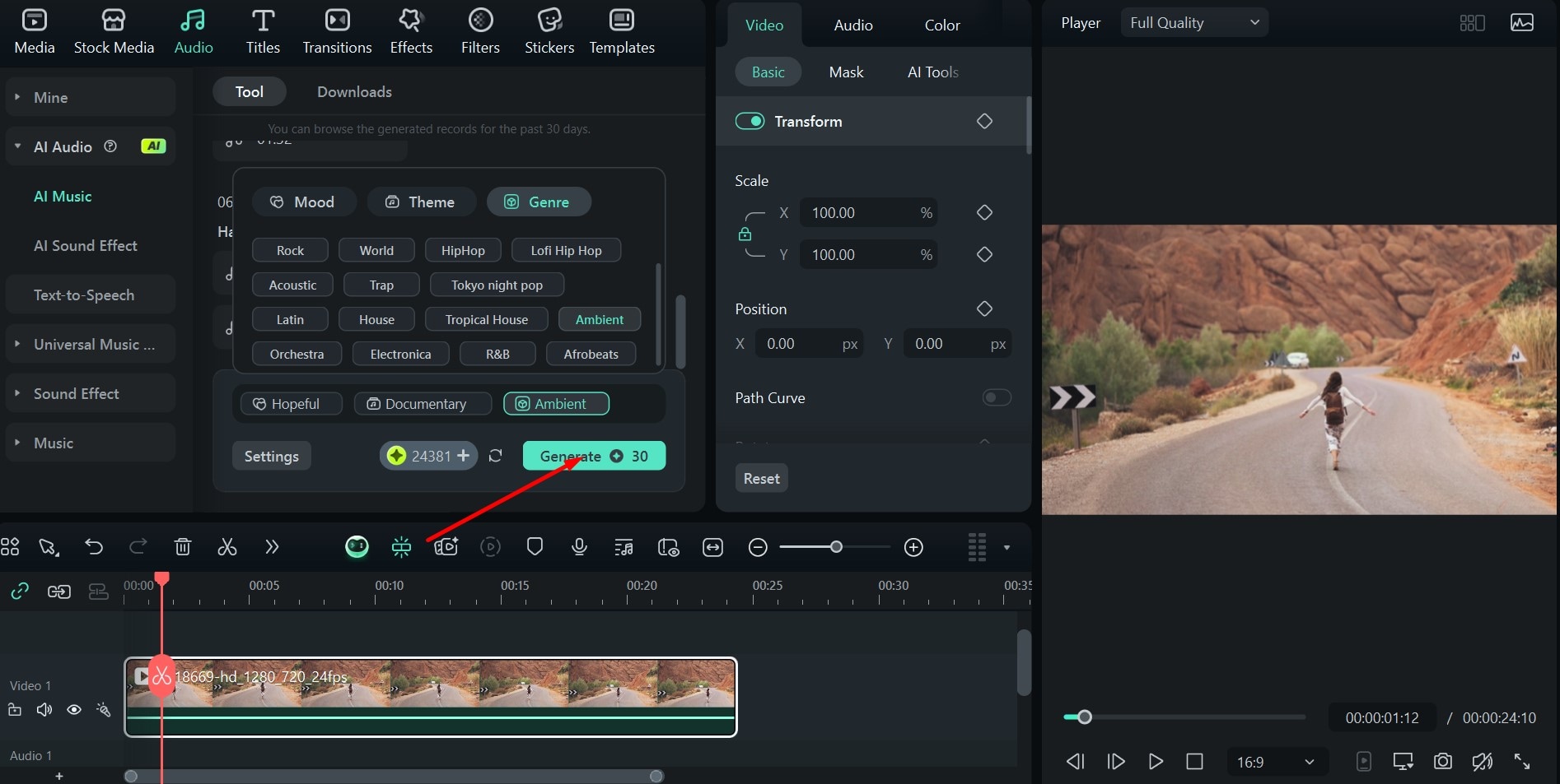 filmora generate ai music