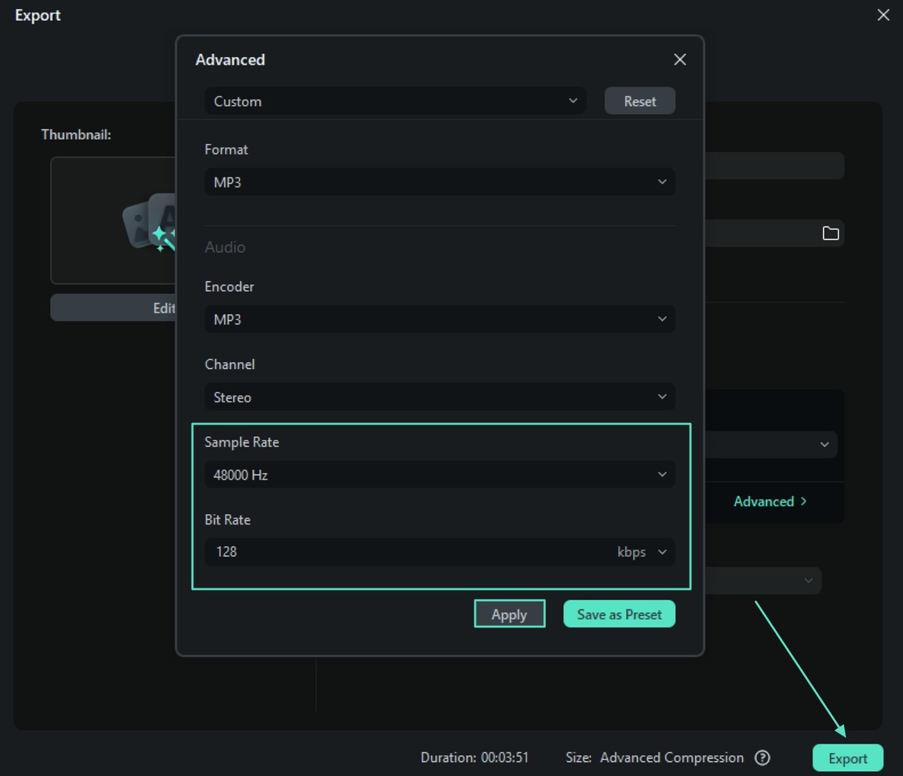 select sample rate and bit rate