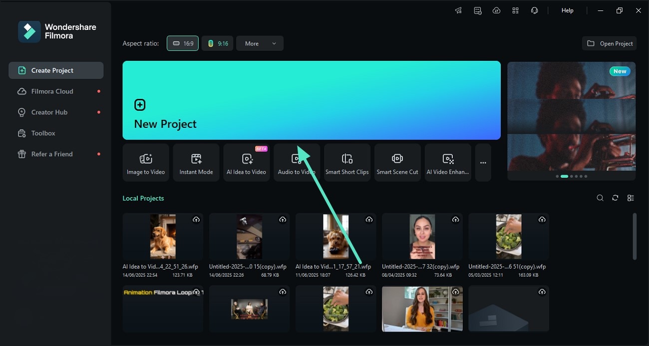 launch filmora start new project