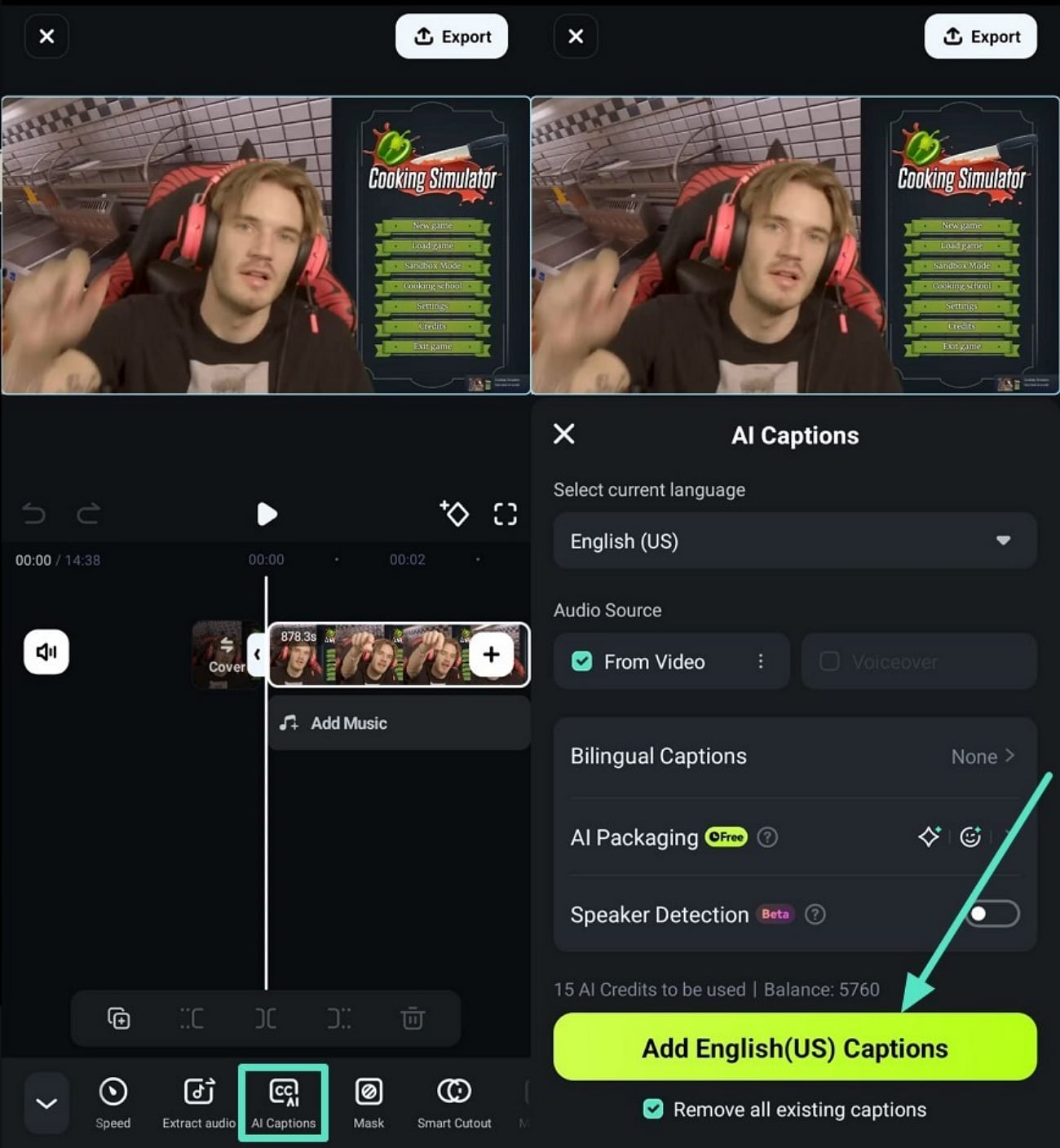 filmora app add captions