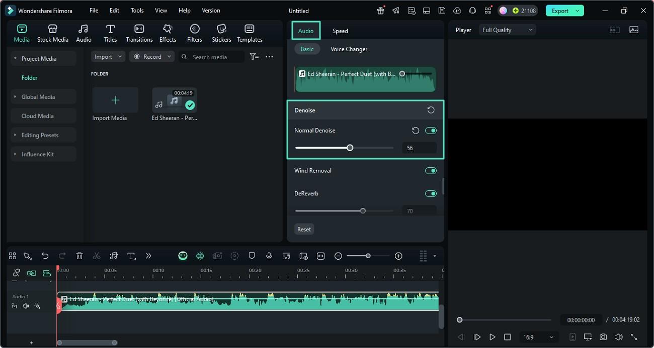 adjust audio denoise normal denoise slider