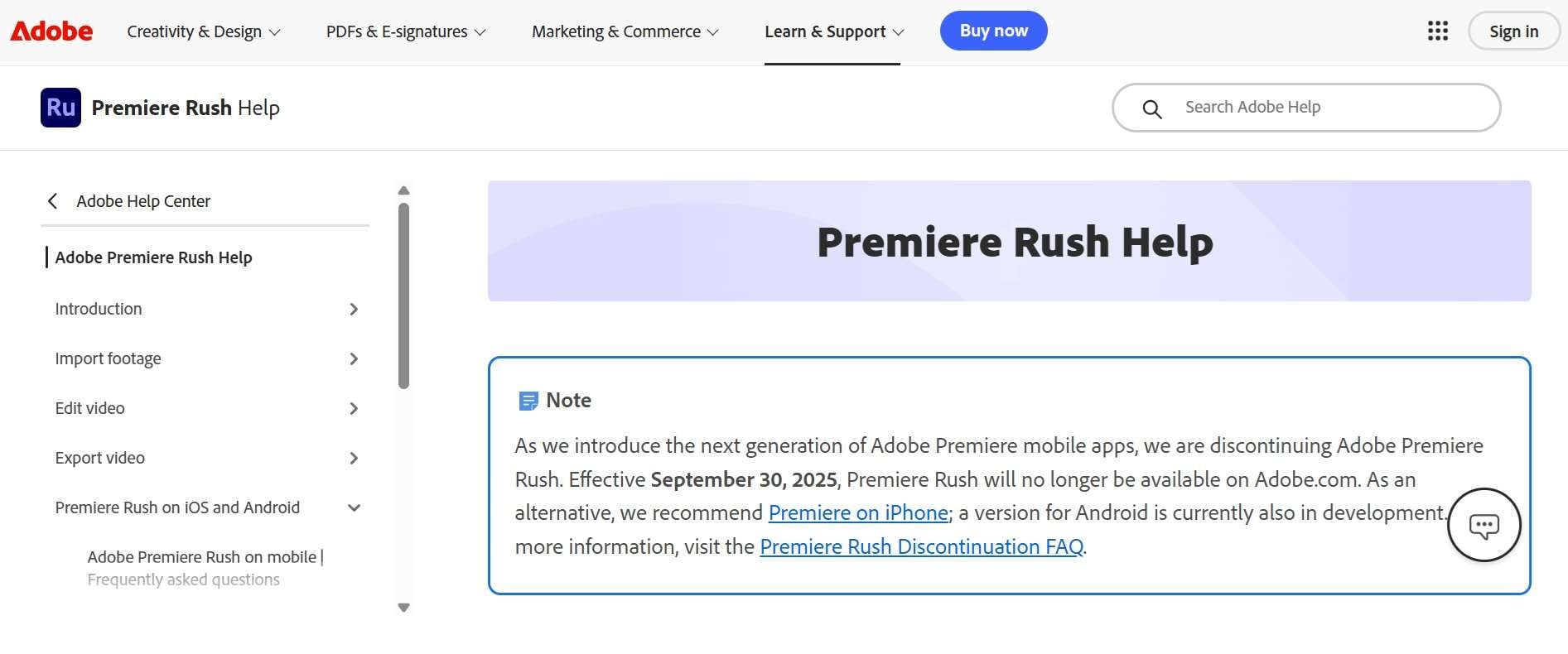 adobe premiere rush discontinuation