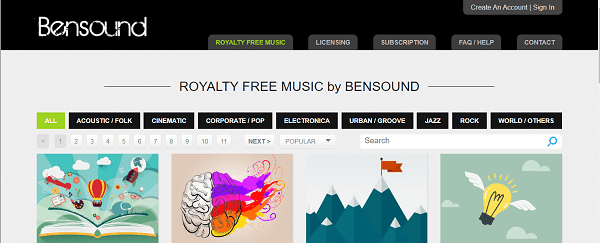 Sito web per il download di musica di montaggio - Bensound