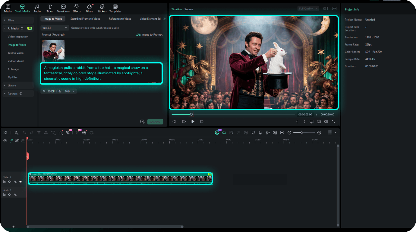 プロンプト生成からタイムライン編集まで完結するAIワークフロー画面