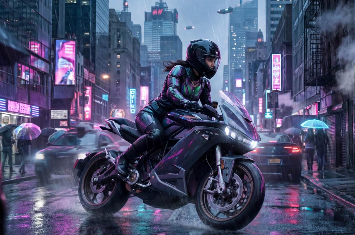 Seedance 2.0用 入力画像（女性ライダーとバイク）