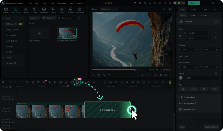 choose the ai extend tool and drag to extend video