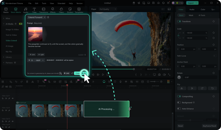 enter video extension prompt to guide the video generation