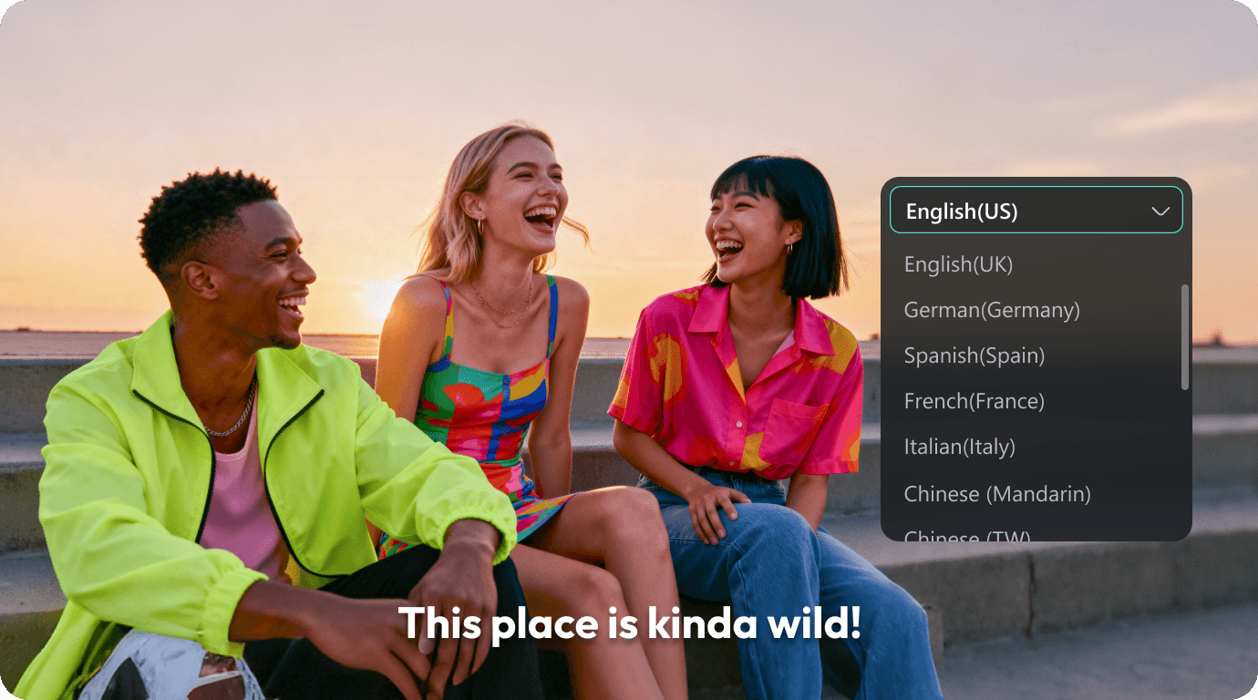 Translate captions to 30+ languages including English German Spanish French Italian Portuguese Japanese with bilingual auxiliary subtitle track