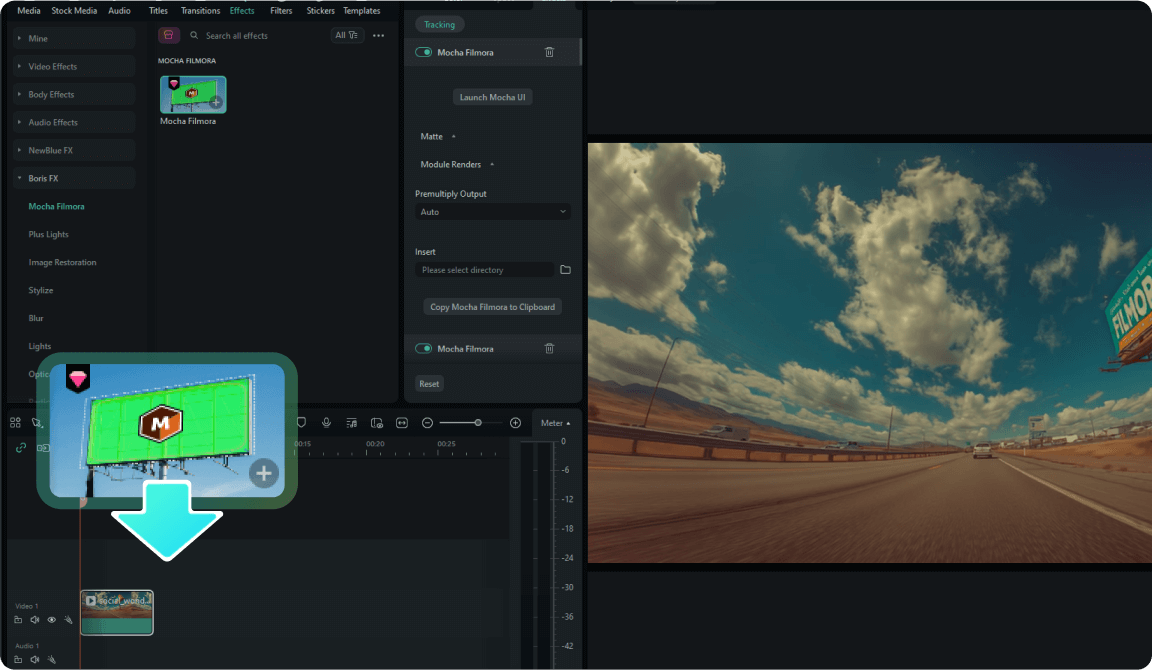 apply mocha effect to distorted video footage