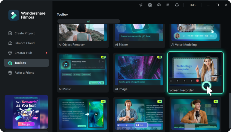 launch the screen recorder in filmora toolbox