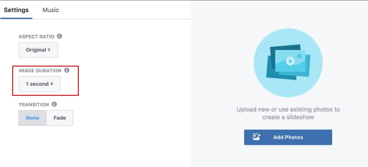 изменить продолжительность слайд-шоу facebook 