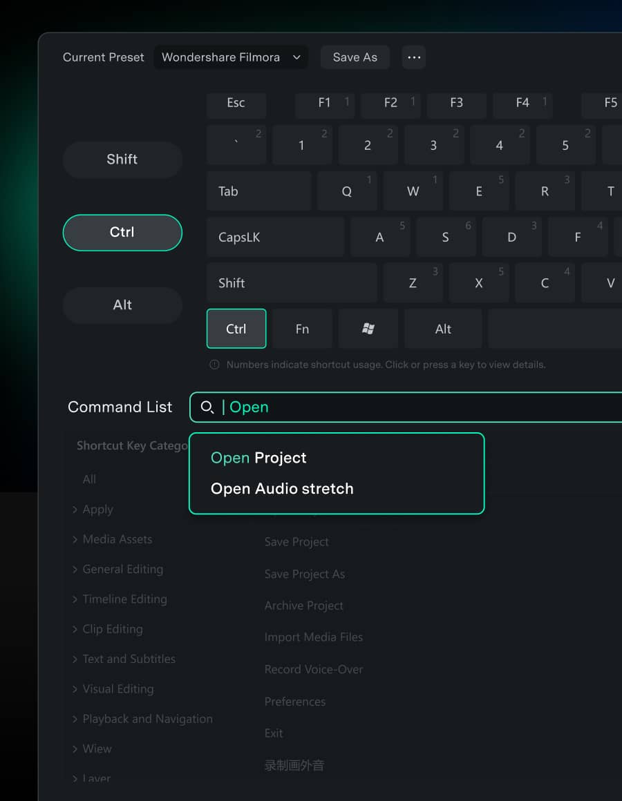 Custom video editing keyboard shortcuts in Filmora