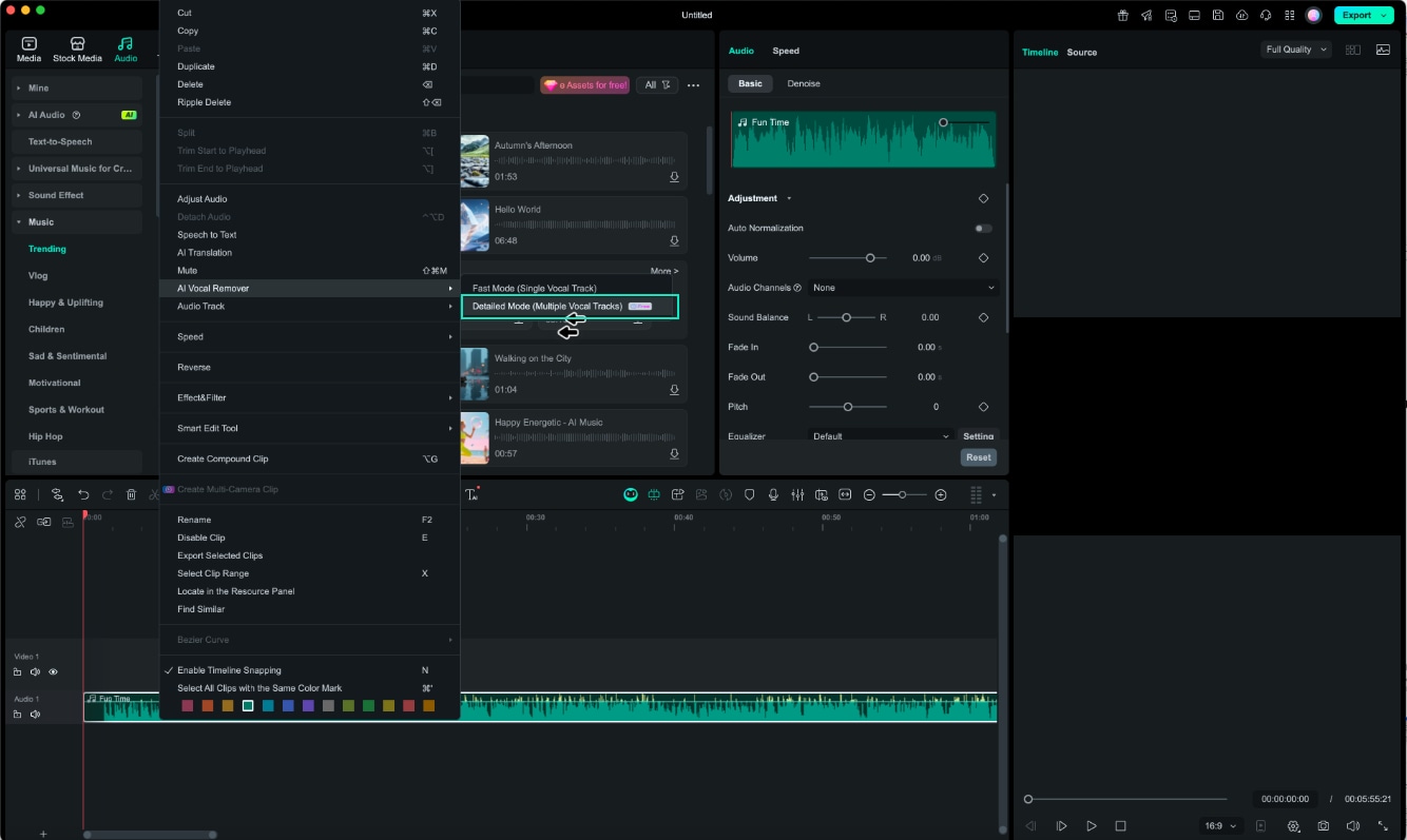 AI Vocal Remover modes selection