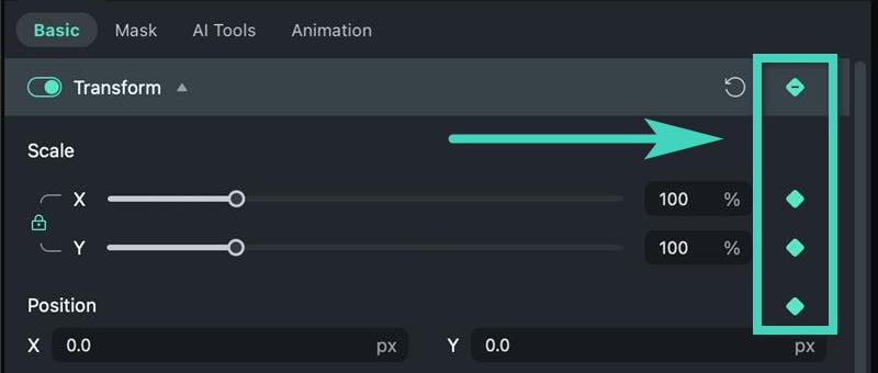 mac activate keyframe in the transform tab