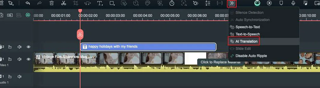 navigate to ai translation in filmora